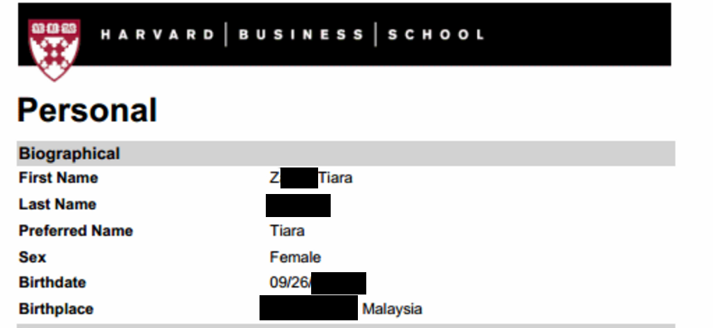 Tiara's application to Harvard Business School
